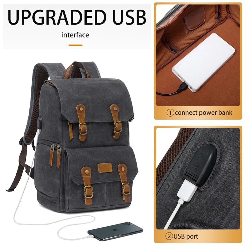 사진 레트로 바틱 캔버스 백팩 w USB 포트 15.6 인치 노트북 방수 남성용 카메라 가방 DSLR 드론용, 휴대 케이스