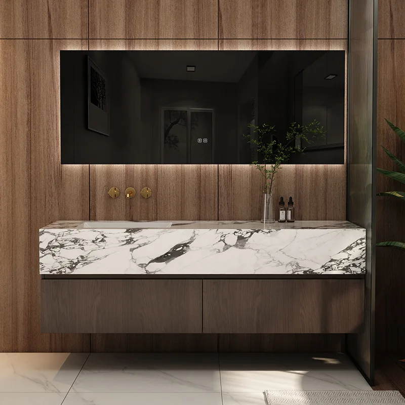 

Bathroom Furniture Solid Wood Cabinet with Slate Integrated Basin Sink Wash Basin with And Mirror Vanity Toilet Simple Washbasin
