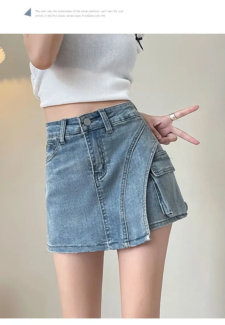 Mini Skirt Solid Color High Waist Pockets Spring Summer Retro Women Slim Irregular A-Line Work Short Skirt Casual Fashion Simple