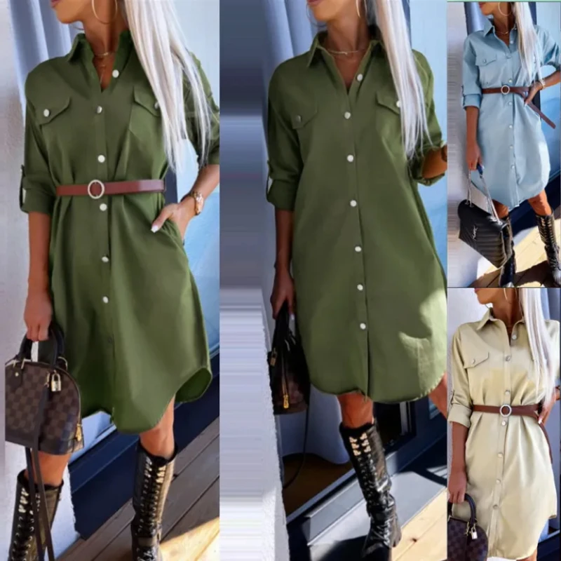 

2023 Women's Dress Solid Color Fashion Dress Pocket Design Irregular Elegant Hem Work Style Dress