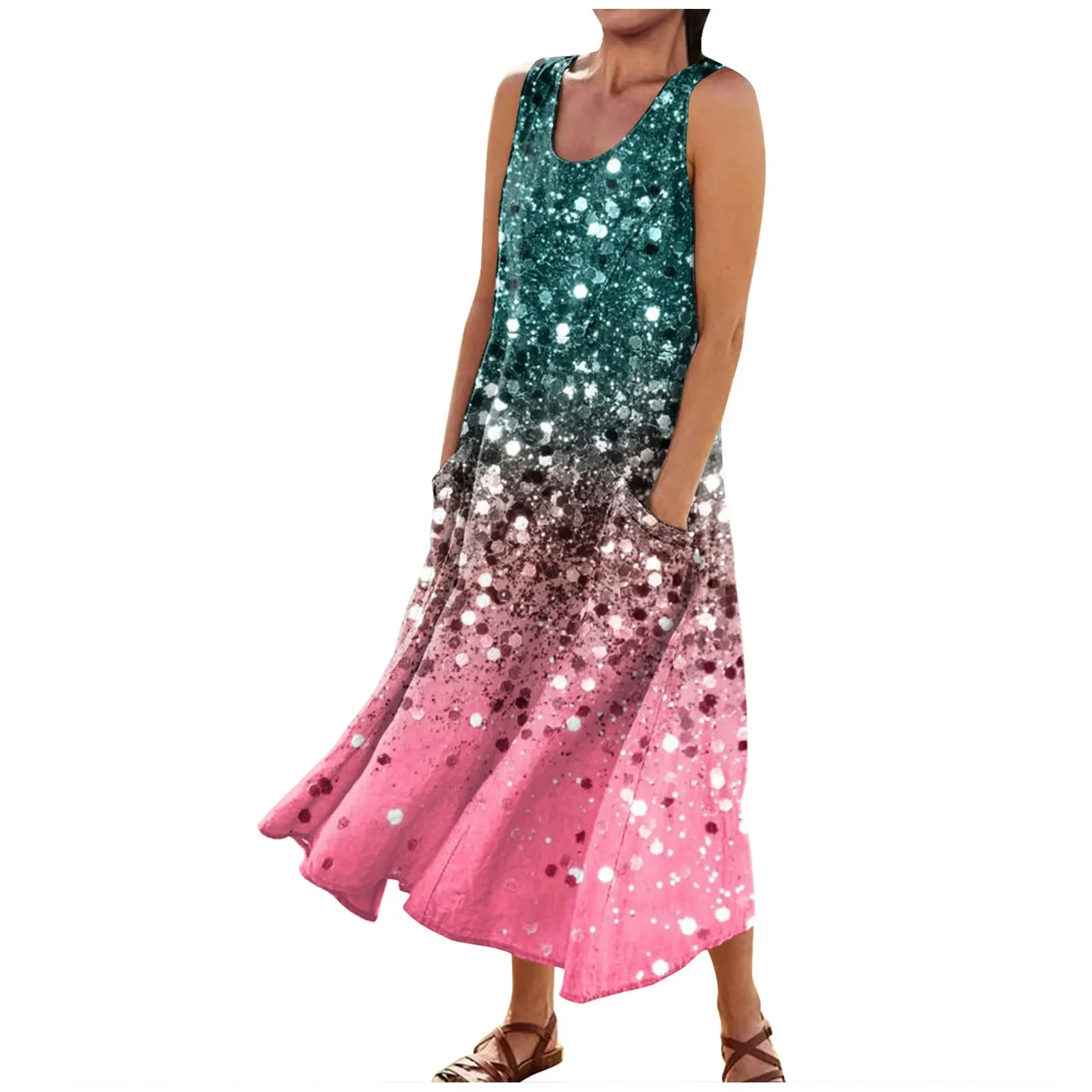 

Women'S Summer Dress Casual Fashion Printed Sleeveless Round Neck Pocket Dress Beach Holiday Dress Vestidos Verano Moda 2024 여름옷