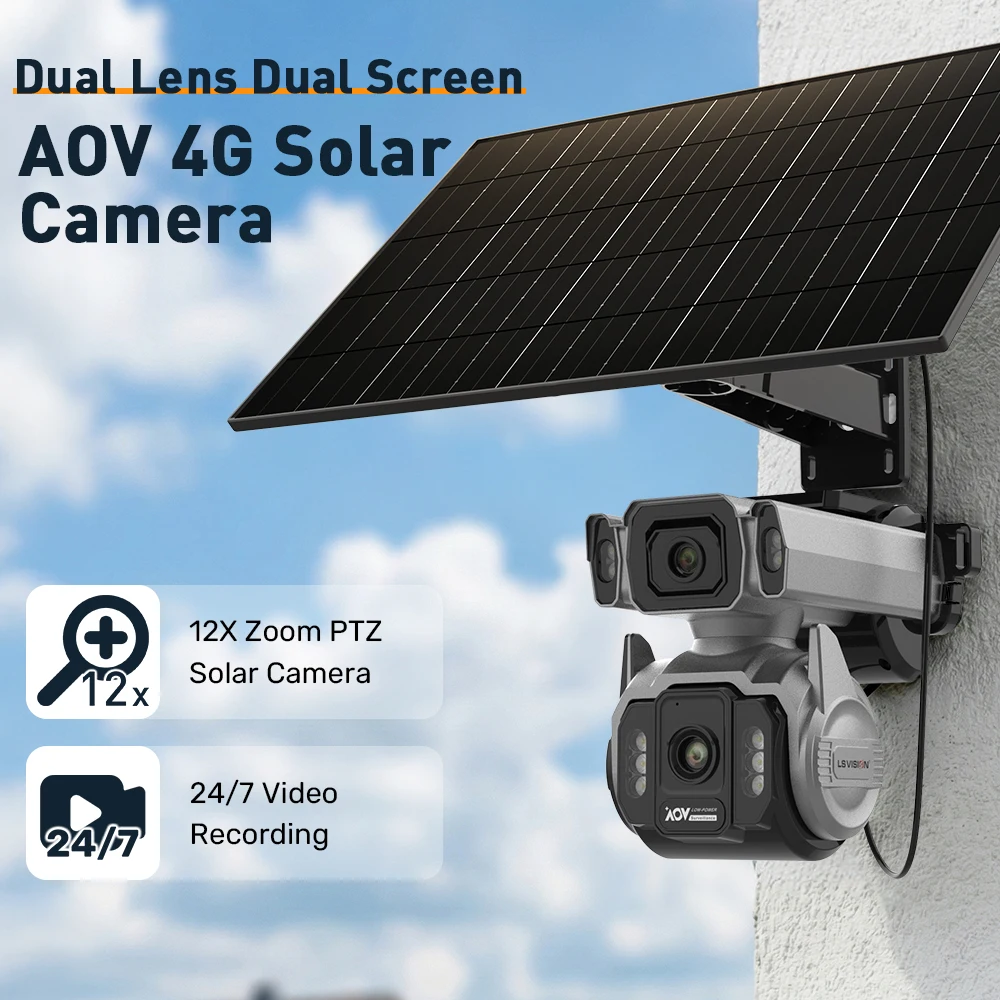 10MP AOV 4G Solar Camera 12X Optical Zoom Dual Screens 7/24 Recording Outdoor Su