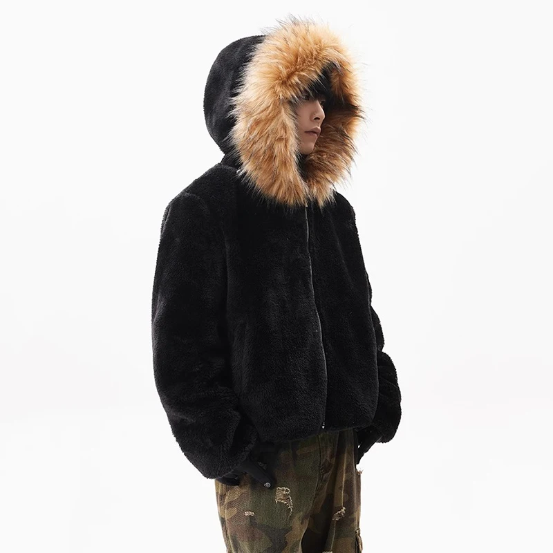 PFNW High Quality Fleece Hooded Quilted Padded Jackets Men's American High Street Warm Fur Collar Short Zipper Coat New CPG2408 3