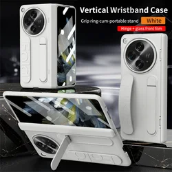 Multifunctional Kickstand Wrist Strap Case with Folding Tempered Glass and Camera Protective Cover for OnePlus Open (Gray White)