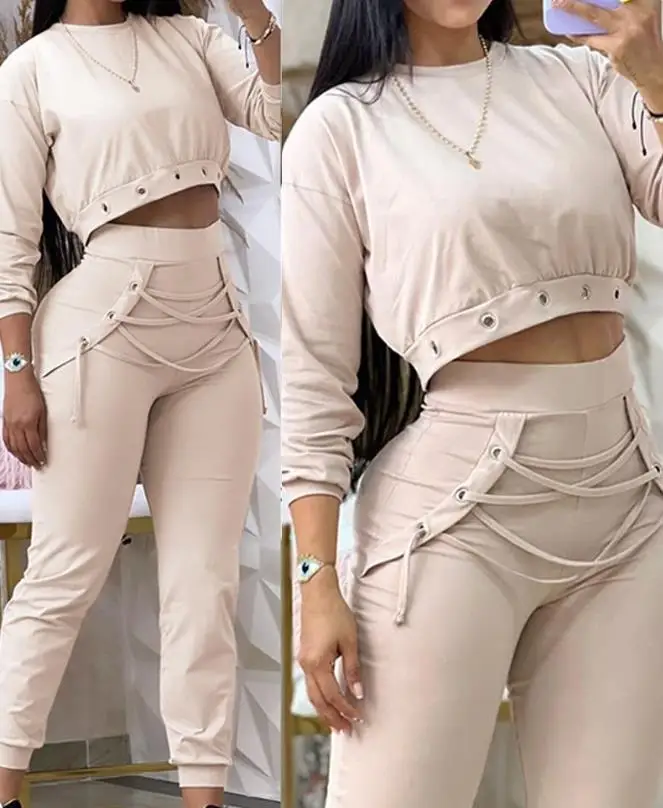 Casual Two Piece Set Women Outfit Long Sleeve Eyelet Sweatshirt & Lace-Up Cuffed Sweatpants Set 2023 New Autumn Suits Streetwear