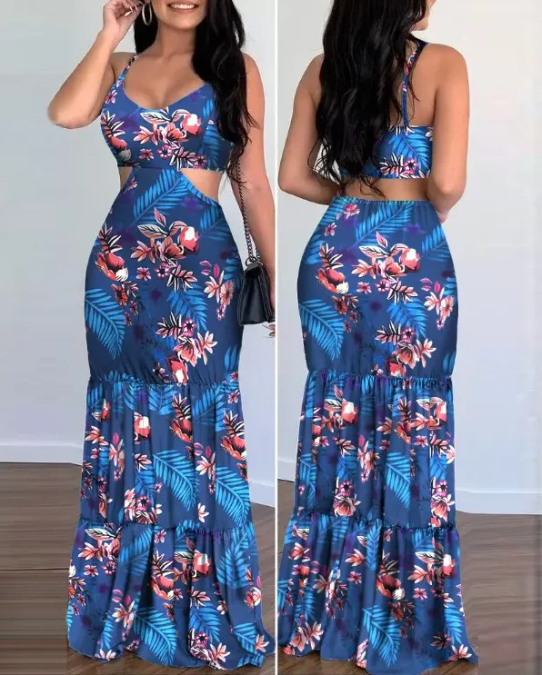 

Ladies Casual Dress Fashion Low Cut Tropical Print Thin Straps Hollow Ruffle Hem Extra Long Sleeveless Holiday Dress 2022 Summer