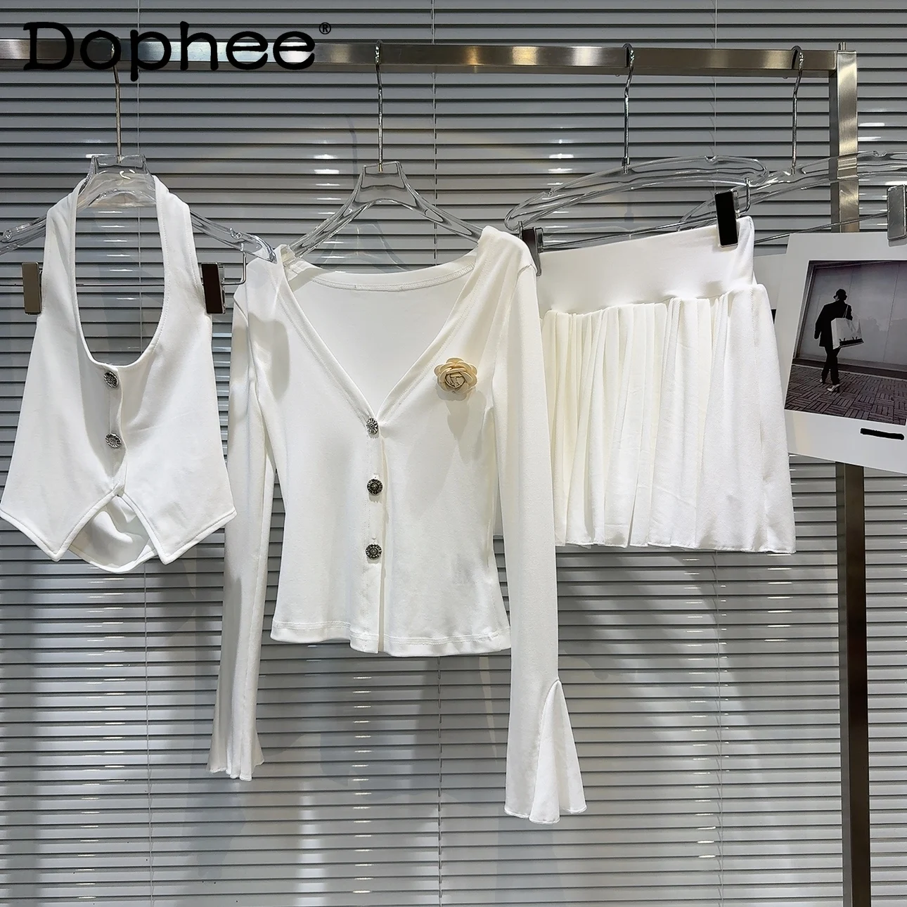 Japanese A- Line Skirt Sets Spring Summer Corsage V-neck Coat Halter Spaghetti Straps Short Skirt 3 Piece Sets Womens Outifits