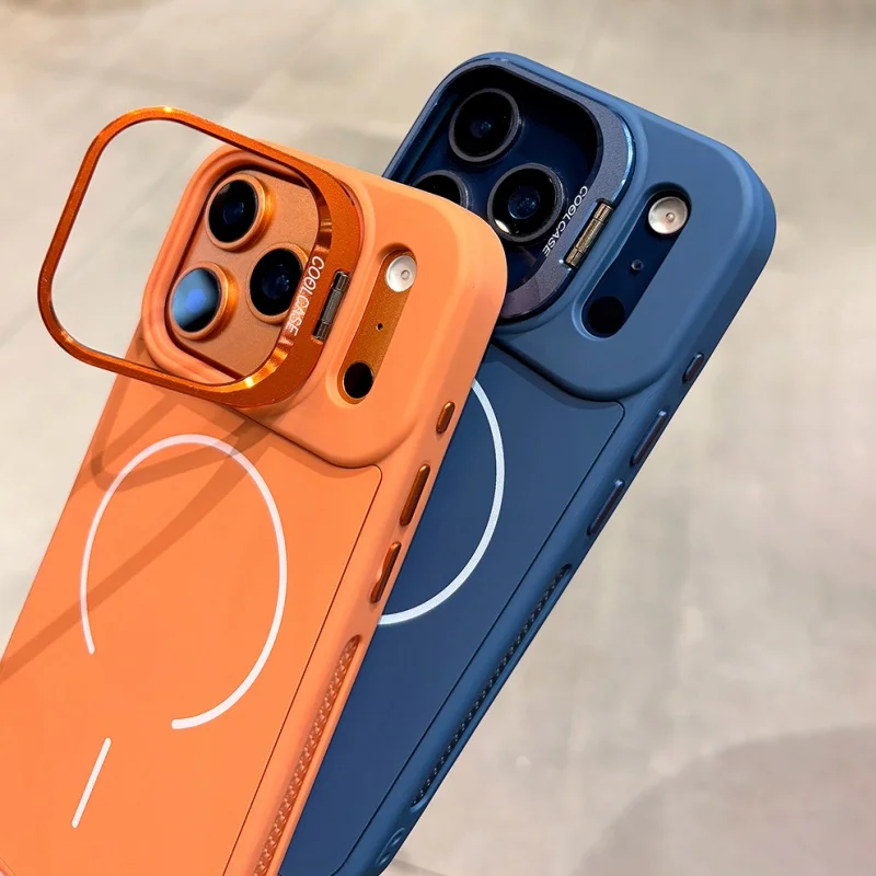Premium Magnetic Liquid Silicone Shockproof Phone Case with Metal Lens Stand Holder