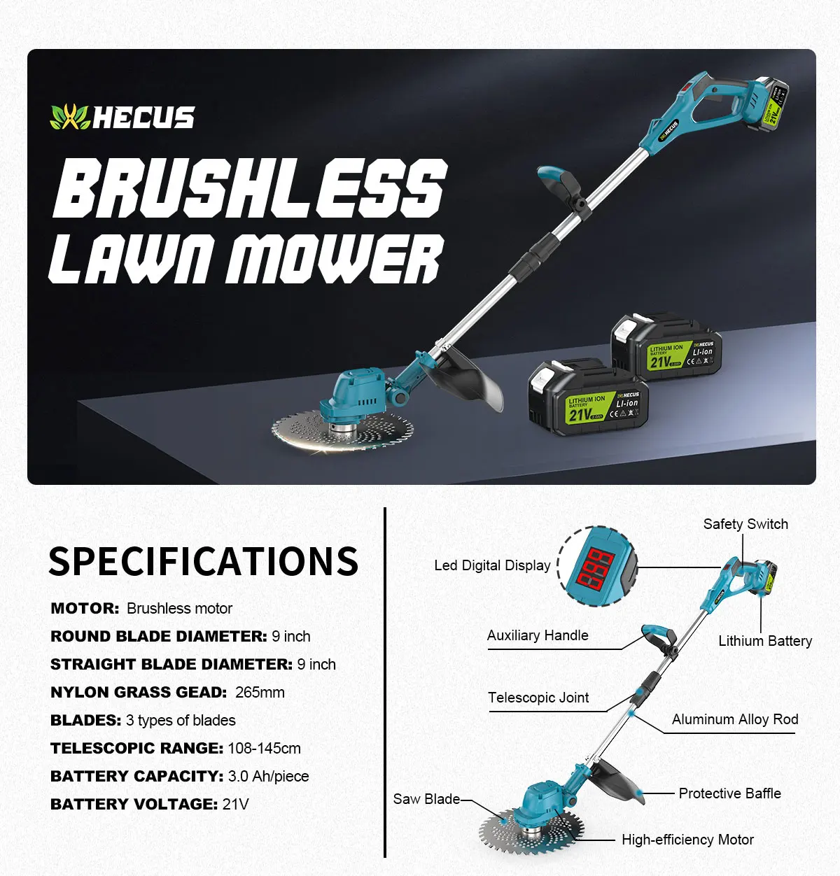 9 Inch Brushless Electric Lawn Mower Length Adjustable Cordless Rechargeable Gra