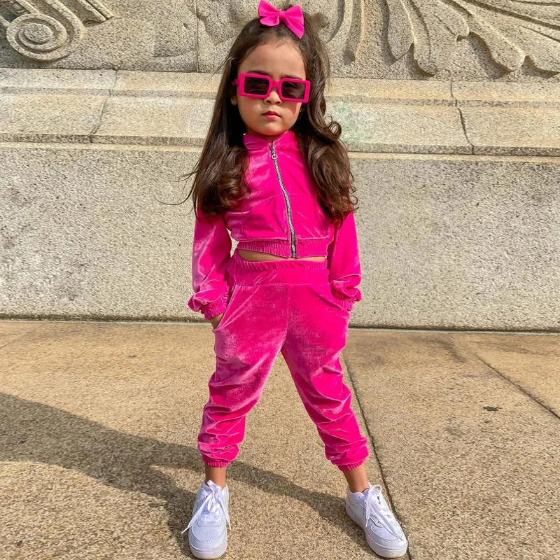 

High Quality Spring 2 Piece Sets Kids Hoodies Hot Sale Girls Clothing Velvet Tracksuits Boutique Toddler Girls Hoodies Set TZ109