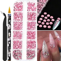 Elegant White Flatback Pearl Beads for Nail Art and Crafting - 12 Grids Assorted Sizes (Pink rhinestone set)