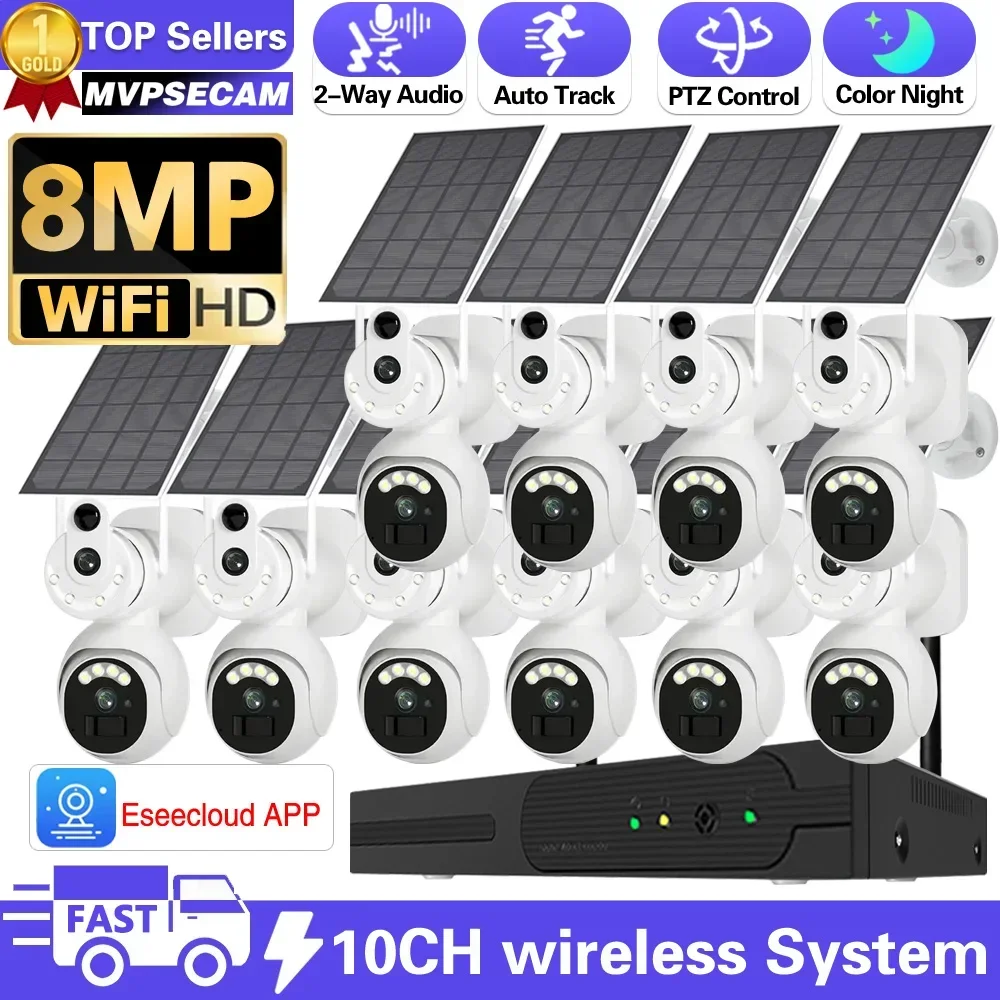 

4K 8MP Wifi Surveillance Dual Lens Solar PTZ Cameras Kit 10CH NVR Security System Wireless Two Way Talk CCTV Set Auto Tracking