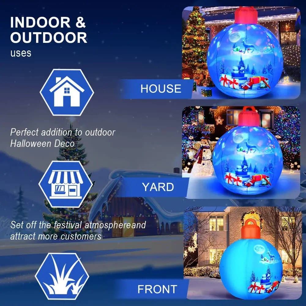 Christmas Inflatable Balls Decorations Blow Ups Christmas Ornament Blue Ball with Santa Gift Designed Pattern Indoor Outdoor Toy 4