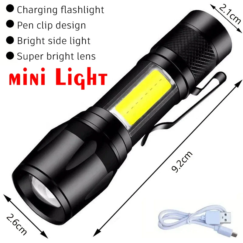 Hochstarke LED-Taschenlampen, 2000 lm, taktische Taschenlampe mit Display-Licht, USB-Aufladung, Camping, Angeln, Notfall-Zoom-Laterne