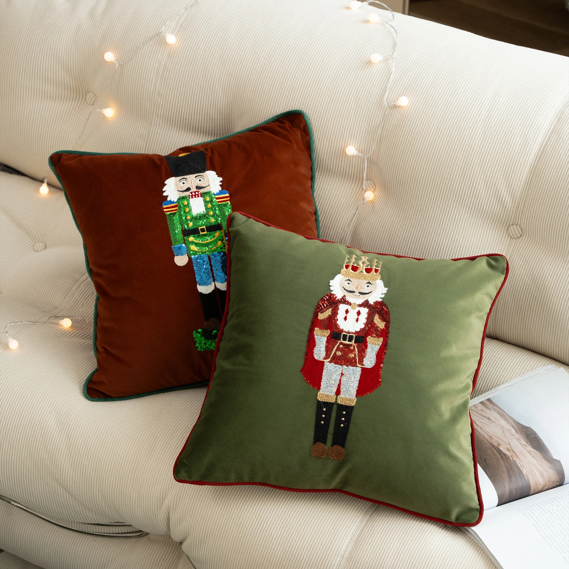 Festive White Embroidered Holiday Pillow Cover with Santa, Tree, and Nutcracker Design