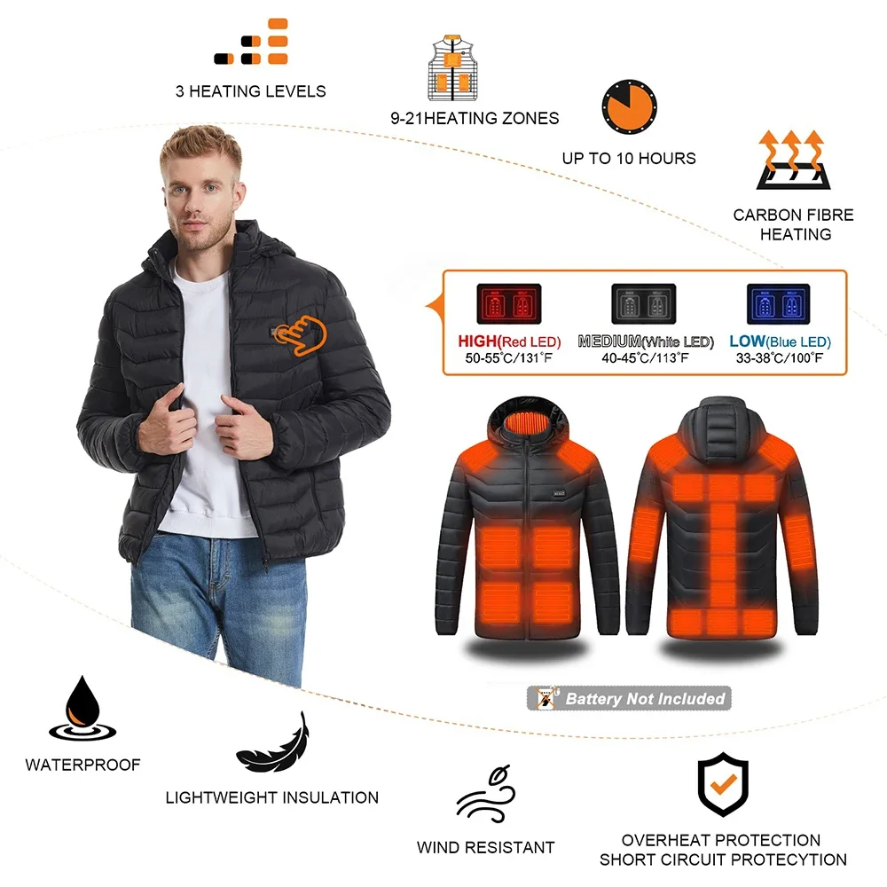 Veste thermique chauffante électrique USB intelligente pour hommes et femmes, veste métropolitaine, trempée, chaude, escalade, ski, extérieur, hiver, zone 9-21