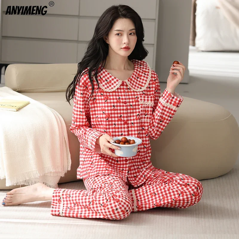여성용 공주 스타일 잠옷, 인조 코튼 라펠 잠옷, 긴팔 가디건, 패션 소녀 라운지웨어, 가을 겨울