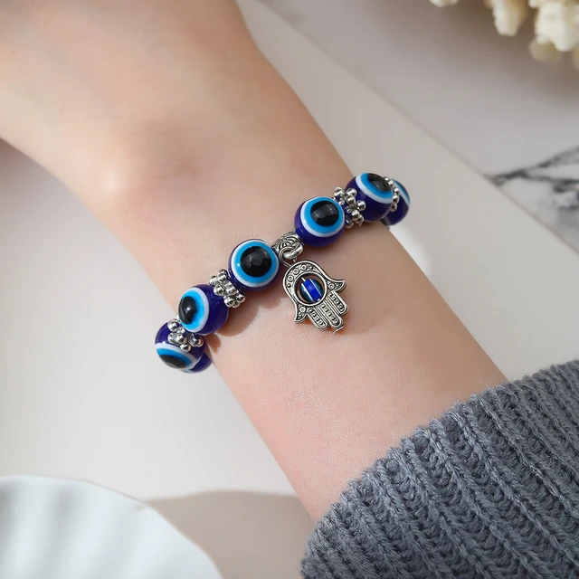 Silver Hematite Hanging Blue Evil Eye Bracelet – Nic n' Bella