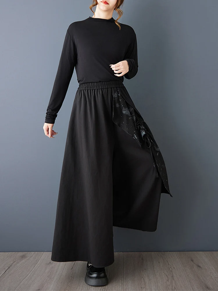 2025 Spring Autumn New Oversized Spliced Print Vintage High Waist Wide Leg Pants Women Casual Loose Trousers Fashion Streetwear
