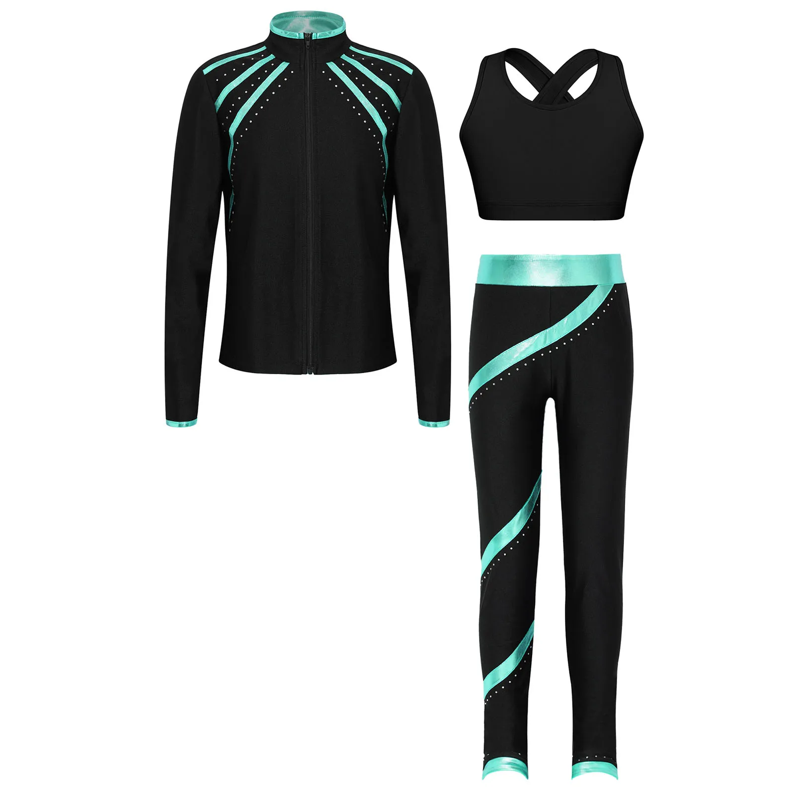 Kinder Mädchen Skating Gymnastik Trainingsanzüge Langarm Reißverschluss Oberbekleidung mit Crop Top Sport Legging Hosen Fitness Yoga Sportbekleidung – Detail 7