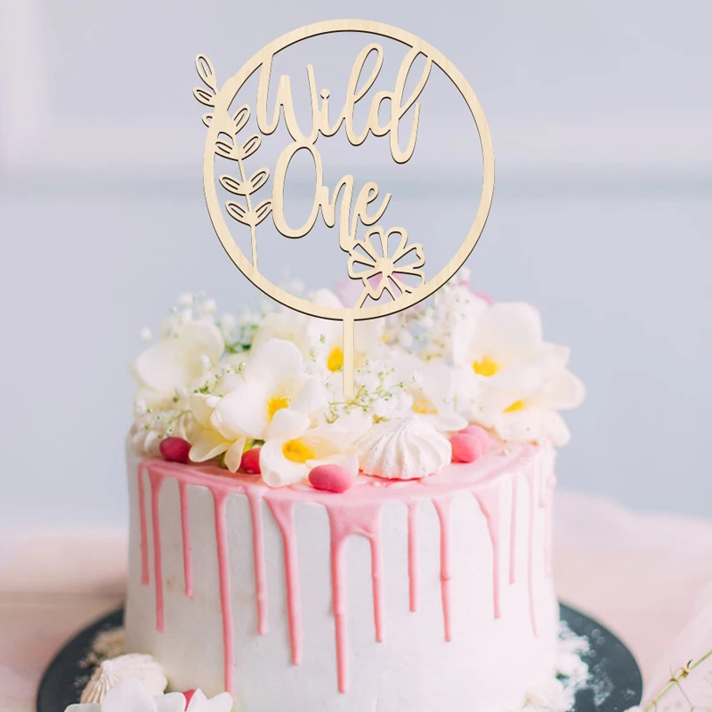 New Wooden Birthday Happy Cake Topper Wild One Party Cake Toppers Jungle Theme for Baby Shower Year Old Dessert Decoration