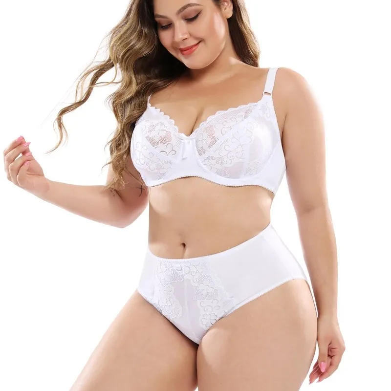 Softrhyme Plus Size Lingerie Set Unlined Full Lace Coverage Bra With Bowknot Ultrathin Floral Panty Underwire Bralettes french knickers set Bra & Brief Sets