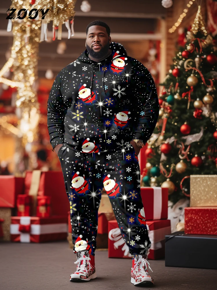 ZOOY (L-9XL) Men's Plus Size Set Merry Christmas Snowflakes Christmas Lost Bells Polka Dot Snowman Doodle Long Sleeve Hoodie Set