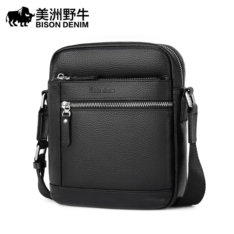 BISON DENIM Classic Black Male Bag Genuine Leather Business Crossbody Bag iPad Mens Messenger Casual Bolsas Male N2845