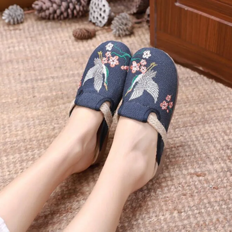 العرقية واسعة تو الكتان النعال للنساء مطرزة خمر ال...