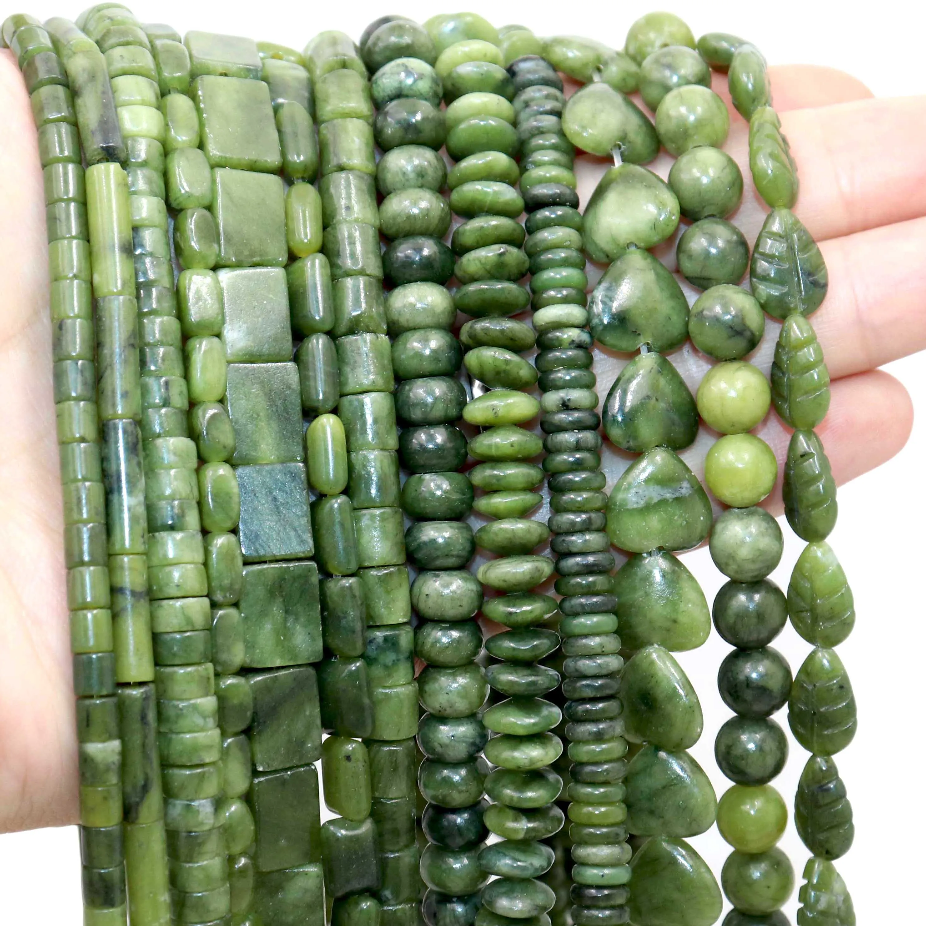 Natural Stone Green Jades Cylinder Square Irregular Faceted Round Loose Spacer Beads For Jewelry DIY Bracelet Making Accessories