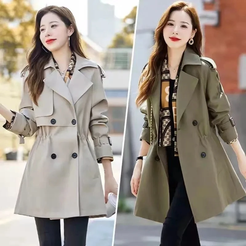 Women Windbreaker Mid-Length Trench Coat Belted Double-Breasted Jacket Slim  Fit