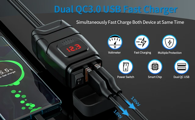 Voltmterquick Charge 3.0 6.4a Motorcycle Usb Charger With