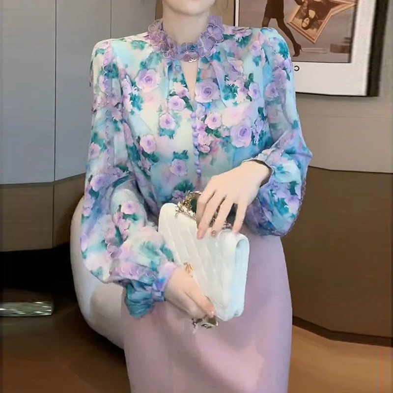 

Clothes for Women Fashion 3D Flower Printed Luxury Elegant Blouse Sexy Hollow Lace Patchwork Shirts Chic Office Lady Casual Tops