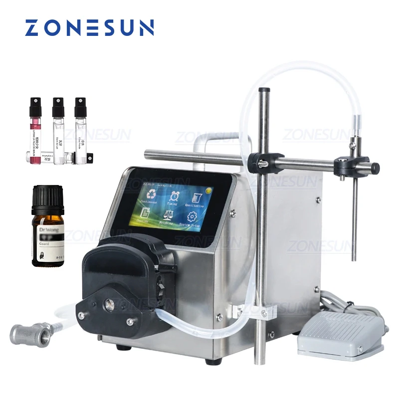 ZONESUN Semi Automatic Digital Liquid Juice Essential Oil Quantitative Filling Machine Peristaltic Pump Small Vial Filler kamoer np04 220v wifi intelligent automatic circulating self priming peristaltic pump small wireless metering water pump