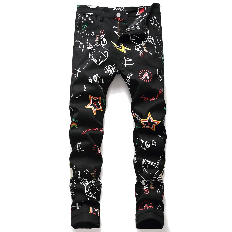 

Men's fashion jeans streetwear hip hop The letter pattern printed mens slim jeans
