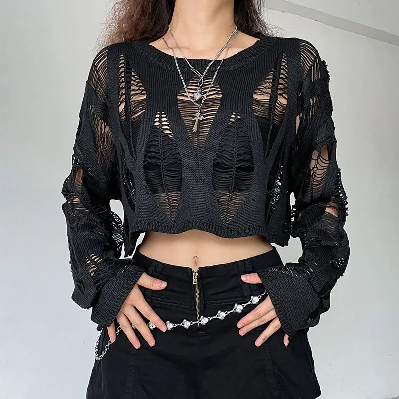 Ladies Sexy Sweater Gothic Punk Hole Sweater Streetwear Harajuku Ripped