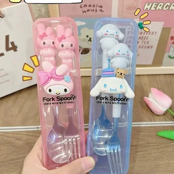 산리오 스푼 포크 2 종 세트, 귀여운 쿠로미 폼폼푸린, 헬로 키티, 마이 멜로디, 스테인레스 스틸, 어린이 식기, 주방 용품