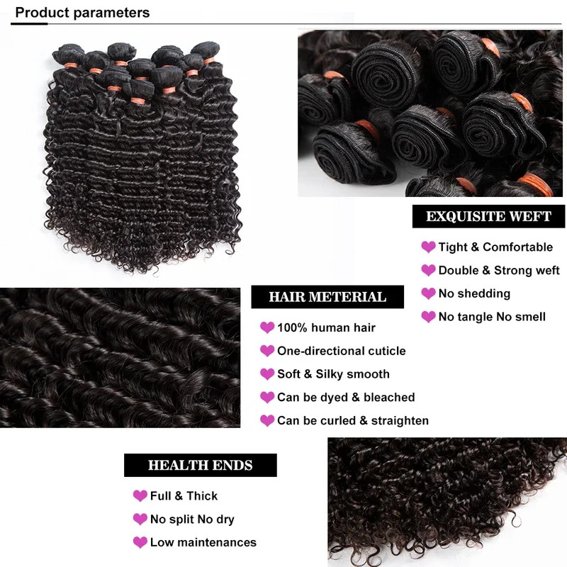 42 Inch Natural Color Deep Wave Human Hair Bundles - 250 High Density 1/3/4 Pcs Pack 100% Virgin Hair Silky Thick Full-Bodied We