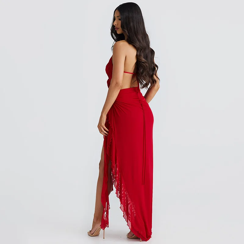 Sexy Printed Mesh Long Dress Women Lace-Up Floral Backless Hollow Out Ruffled Fashion Bandage Dress Women's Dress Summer