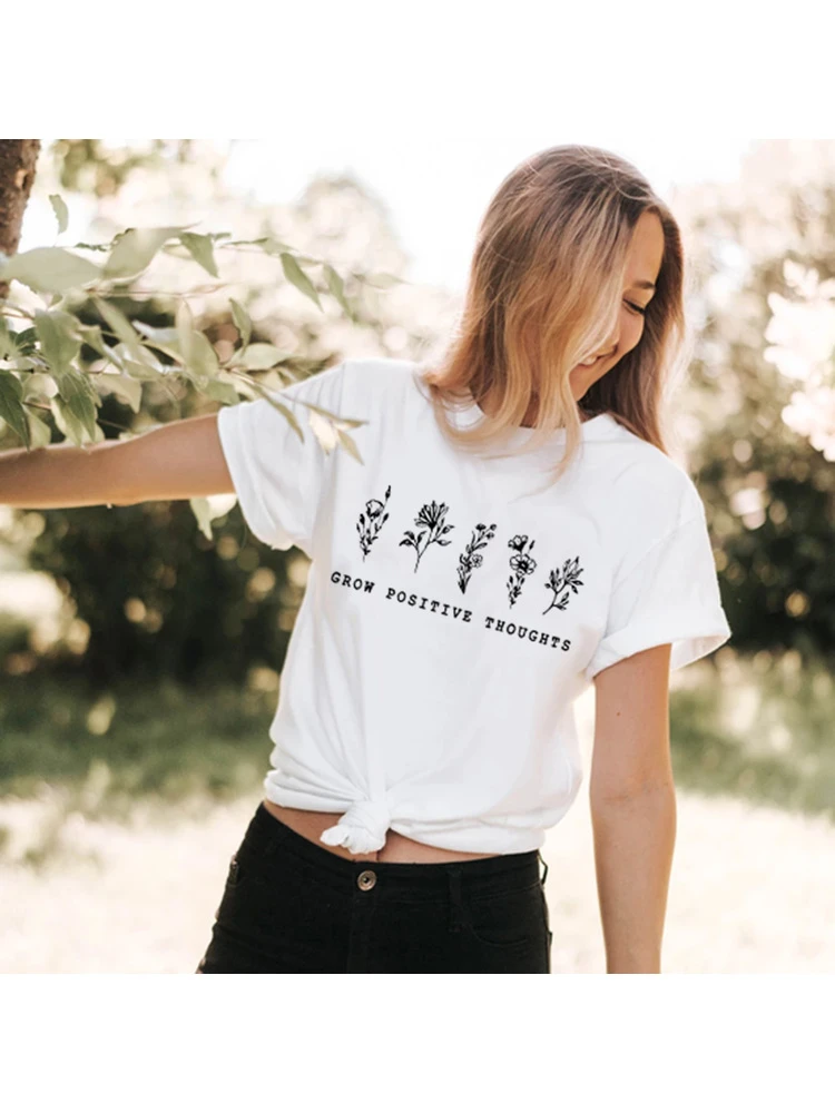 Grow Positive Thoughts Summer T Shirt Graphic Tees Women Streetwear Round  Neck Flowers Tops Aesthetic Harajuku Tumblr Clothing|T-Shirts| - AliExpress