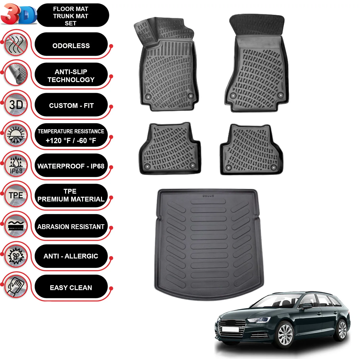 

Audi A4 B9 Avant - (2016-2023) - Floor Mats + Cargo Trunk Liner - SET - (Black)