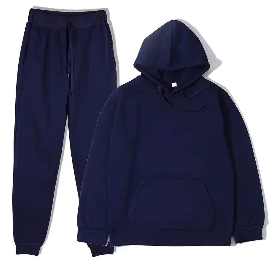 Unisex solid color fleece hoodie and pants two‑piece sports set for autumn and winter05