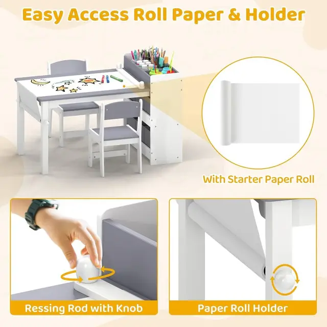 Children's Wooden Art Table and Chair Set with Storage and Paper Roll for Play, Learning, and Reading