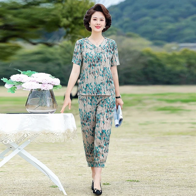 Summer 2 Piece Sets Woman Summer Chiffon lapel printing Blouses Tops and  Cotton and linen capri pants Woman Suit - AliExpress