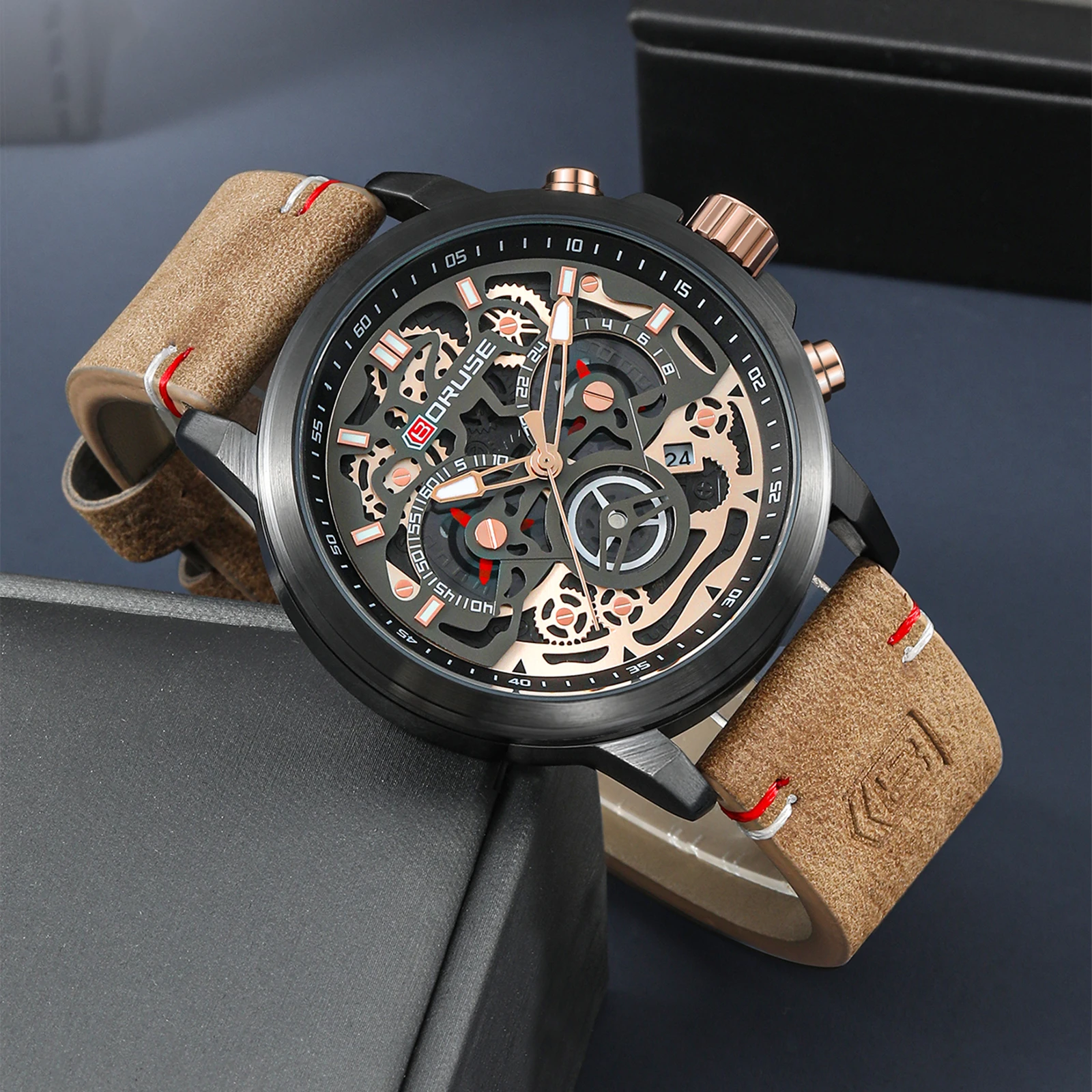 BORUSE Luxury Men's Quartz Wristwatch Brown Leather Strap Date Calendar Chronograph Waterproof Luminous Quartz Watch for Men
