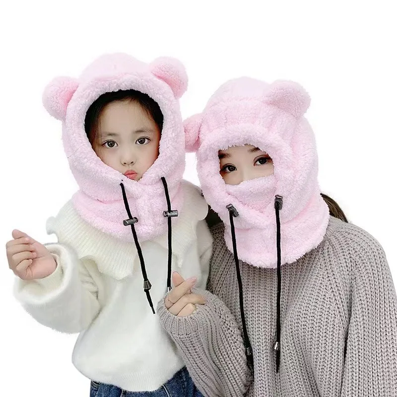 Winter Children Hat Scarf In One Plus Fleece Kids Warm Caps Parent-child Cartoon Windproof Hats For Girls Boys Earflap Cap