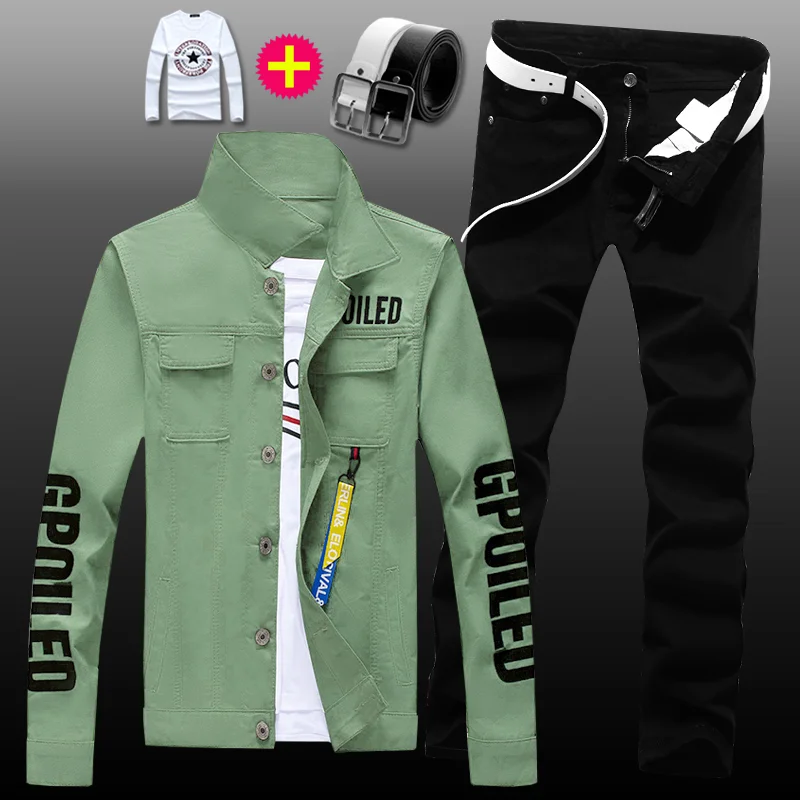 Men Denim Jacket Pants Set New Mens Denim Jacket Jeans Pants Slim Fit 2pcs Set Boys Casual Letters Printed Coat Trousers with Pendant Candy Color