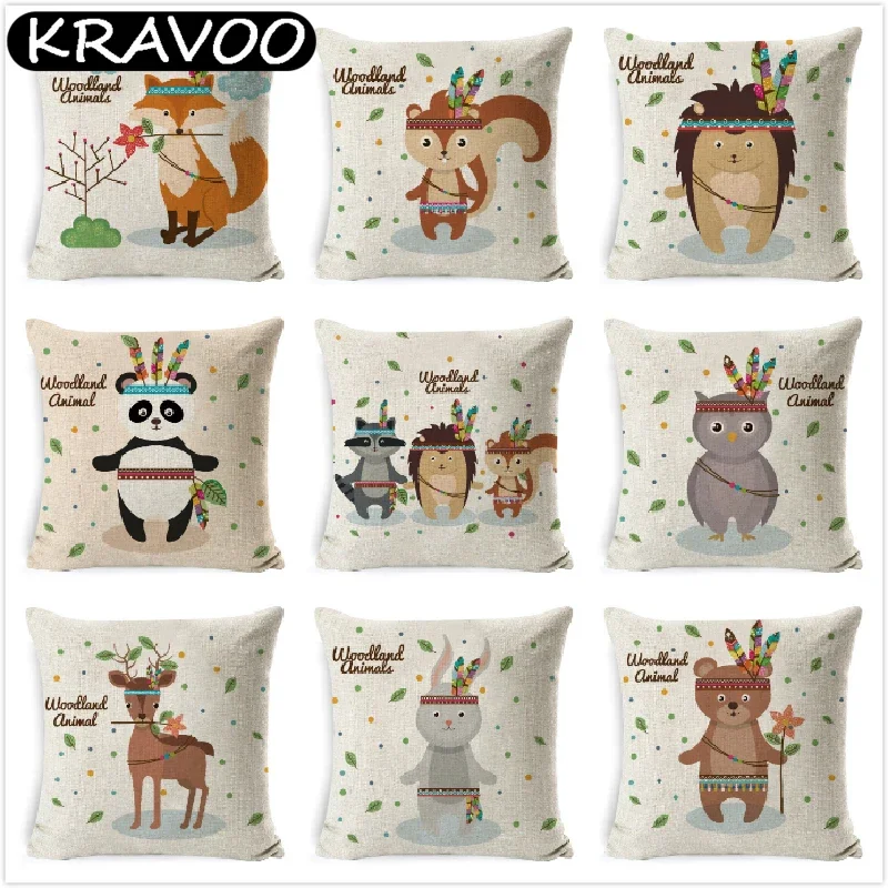 

Tribe Woodland Animals Cushion Cover Home Decor Cute Cartoon Throw Pillow Case Owl Panda Deer Rabbit Room Sofa Cushion Case