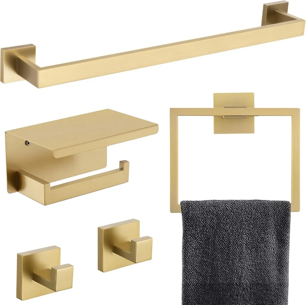 TNOMS 5-Piece Bathroom Hardware Set 23.6 Inch Gold Towel Bar Set Towel Bar Towel Ring Coat Hook & Toilet Paper Holder with Shelf
