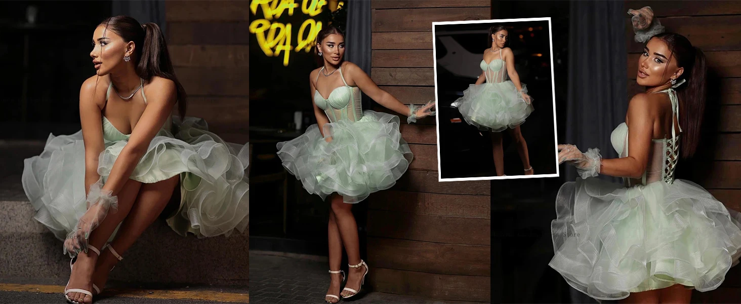 Vestidos de fiesta cortos en capas con tirantes finos de tul para el regreso a casa